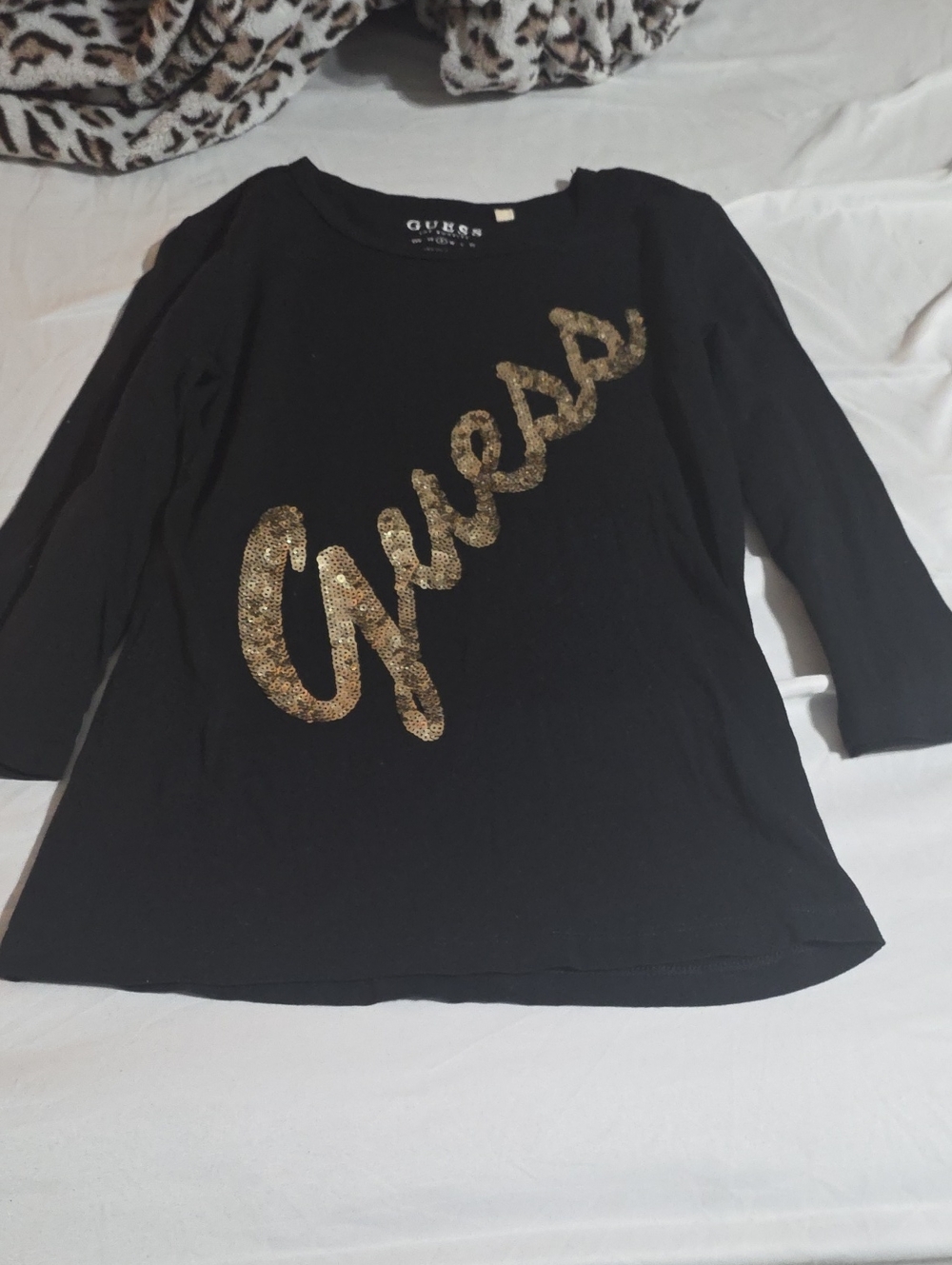 Guess Black Long Sleeve Tee with Gold Sequin Script